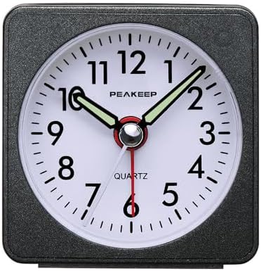 Peakeep Ultra Small, Battery Travel Alarm Clock with Snooze and Light | Silent No Ticking Analog Quartz Clock (Aquamarine)