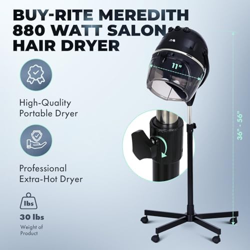 Buy-Rite Meredith 880W Hooded Salon Hair Dryer Adjustable Height | Durable 5-Star Caster Base, Fits Most Dryer Chairs, 60-Min Auto Shut-Off