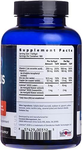 Focus Select AREDS2-Based Eye Vitamin Supplement with Low-Zinc, 180 Count | Lutein and zeaxanthin vision supplement for macular support, doctor-developed, safe for smokers, made in USA, 90-day supply