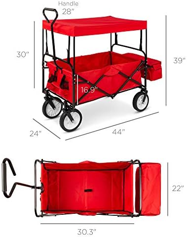 Best Choice Products Collapsible Folding Outdoor Utility Wagon with Canopy Garden Cart for Beach, Picnic, Camping, Tailgates w/Removable Canopy, Detachable Pockets, 150lb Weight Capacity - Red