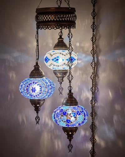 DEMMEX Plug-in Turkish Hanging Lamp, Handmade Moroccan Mosaic Chandelier Pendant Light Fixture with 15-ft Cord & Chain, Decorative Ceiling Lamp for Living Room, Bedroom, 3 Large 7'' Globes, 3.5 ft.