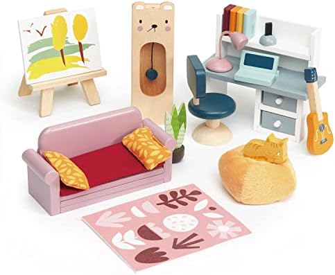 Tender Leaf Toys - Dolls House Study Furniture 1:12 Scale 23 Pcs Furnished Room Dollhouse Accessories Miniature Pretend Play Age 3+