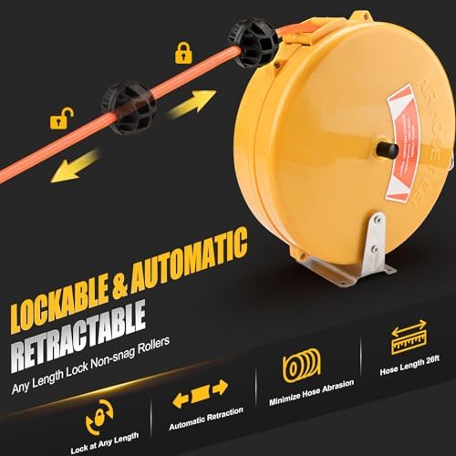 Mini Air Hose Reel With 1/4in. x 26ft. | Retractable Air Compressor Hose for Pneumatic Tools, Auto Rewind, Ceiling/Wall Mount