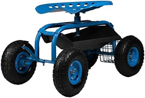 Sunnydaze Rolling Garden Cart with Seat - Garden Stool with Wheels and Adjustable 360-Degree Swivel Seat - Utility Tool Tray and Storage Basket - Green