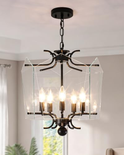 Mid Century Glass Chandelier, Retro Black Chandelier Pendant Light | Height Adjustable, 5-Light E12