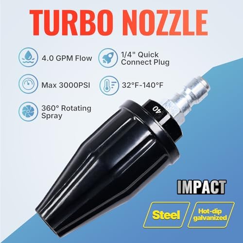 YAMATIC Pressure Washer Turbo Nozzle, 3000 PSI 4.0 GPM | 1/4" Quick Connector, 360° Rotating Spray Tips, Compatible with Ryobi, Greenworks, Craftsman