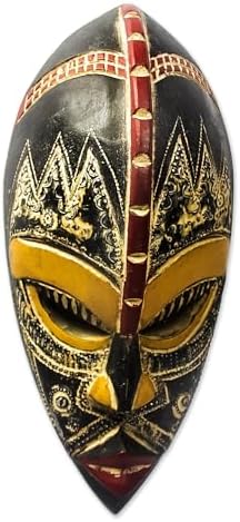 NOVICA Light Brown Handcrafted Nigerian Wood Wall Mask with Aluminum Accents, 'King's Companion'