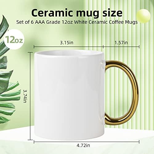 BYCNZB 12 oz Set of 6 White Mugs Sublimation Blank Mugs DIY Coated Ceramic Mugs for Coffee Tea, latte, Cappuccino Cocoa or DIY Gifts White/Gold