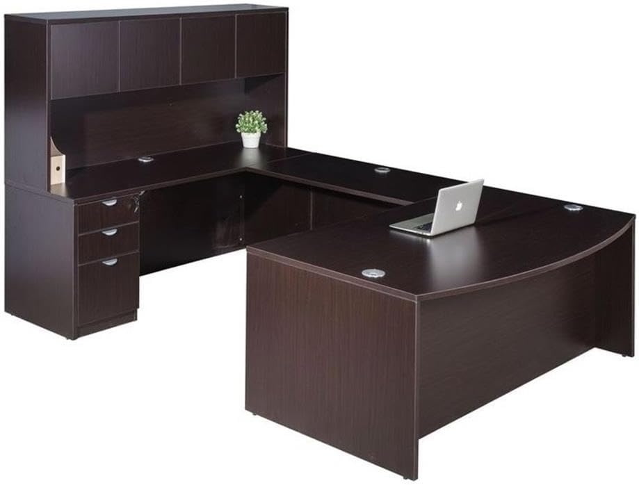 Boss Office Products Belarus Executive U-Shape Curved Bow Desk with Hutch and File Storage Pedestal, 71", Mocha