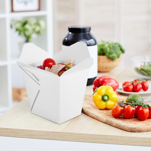 zmybcpack 50 Pack 32oz Chinese Take Out Food Boxes with Metal Wire Handle & Labels