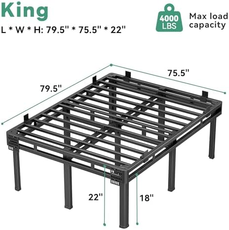 Superay 24 inch HIgh Queen Bed Frame with Rounded Legs, Double Layer Design | Metal Bed Frame & Box Spring 2 in 1 High Platform with Matress Gasket & headboard Adapter, Heavy Duty Support 4000lbs, Black