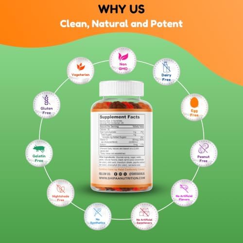 SHIFAA NUTRITION Vegetarian Vitamin D3 Gummies for Adults & Kids | 45-90 Servings, 2, 000IU / 1, 000IU | Non-GMO, Gluten-Free