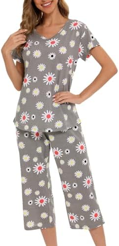 ENJOYNIGHT Womens Pajama Set Cotton Summer Pj Top with Capri Pant Sleepwear