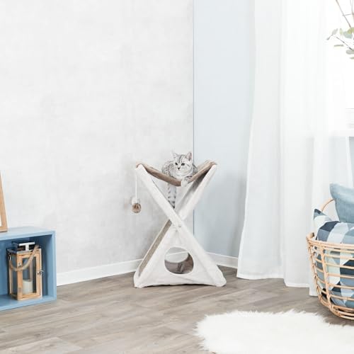 TRIXIE Miguel Fold and Store Cat Hammock, Indoor Cat Furniture with Dangling Toys, Scratching Pad, and Cave, Taupe/Light Gray