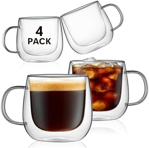 4 Pack Double Walled Glass Coffee Mugs, 16 oz Large Insulated Clear Coffee Cups with Handle, Cappuccino Mug for Espresso, Latte, Americano, Tea Bag