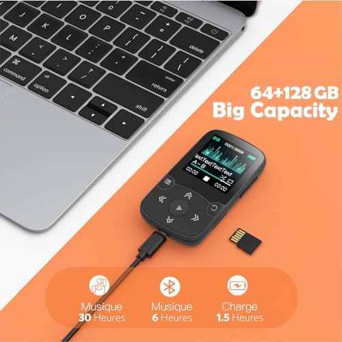 AGPTEK 64GB MP3 Player with Clip, A65 Bluetooth 5.3 Music Player for Sports | with FM Radio, Voice Recorder for Running, Supports up to 128GB TF Card, Orange
