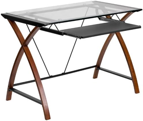 Flash Furniture Jude Tempered Glass Computer Desk with Pull-Out Keyboard Tray and Crisscross Frame, Small Computer Desk for Home Office, Cherry/Clear