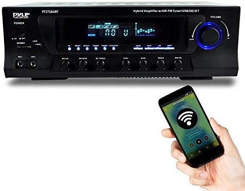 Pyle Home Stereo Amplifier with Bluetooth - 300 Watt Max 4 Channel Stereo Receiver with Easy Karaoke - Dual Mic In with EQ and Echo, USB-A and SD Card In, RCA In, RCA Out, LED Display - PT272AUBT