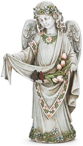Roman Josephs Studio Inspirational Girl Angel Wearing Floral Trimmed Gown with Birds Garden Statue, 16.5-Inch