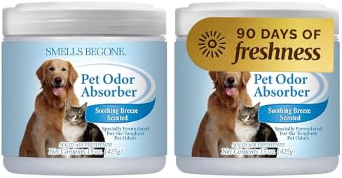 SMELLS BEGONE 15oz Gel Odor Eliminator - Absorb & Remove Tough Odors in Pet Areas, Bathrooms, Basements, Garage, Cars, RVs & Boats - Eliminate Odors Quickly (1-Pack, Pet Calming Rain)
