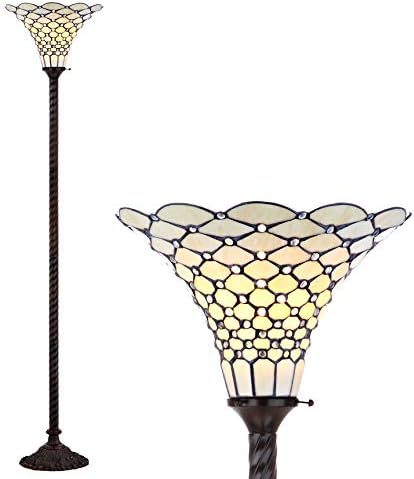 JONATHAN Y 70" Tiffany-Style Stained Glass Metal Torchiere Lamp, Bronze | Handcrafted Cream Bowl Shade, Traditional Art Nouveau Uplight, Foot Switch