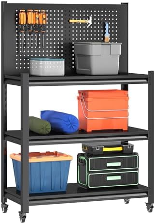 48" H Work Bench with Storage, Garage Work Bench with Pegboard and Wheels | Mobile Workbench, Adjustable Shelves, Large Pegboard, Lockable Wheels