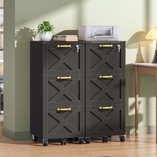 HOOBRO 3 Drawer File Cabinet with Lock, Mobile Filing Cabinet for Home Office, Wooden Farmhouse Office Storage Cabinet, Printer Stand Fits Letter and A4 Size, Walnut and White WH93WJ01G1