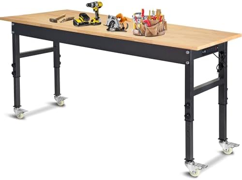 60" Adjustable Work Bench, Rubber Wood Top Workbench | Heavy-Duty Work Table with Power Outlet and Wheels