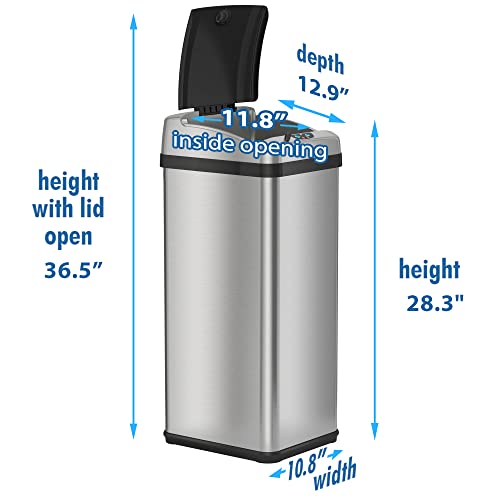 iTouchless Touchless Trash Can with AC Adapter, 3 Odor Filters Big Lid Opening Sensor Kitchen Garbage Bin, 13 Gallon, Stainless Steel, Platinum