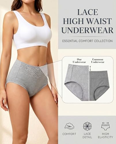 MISSWHO Women's High Waisted Cotton Underwear Soft Breathable Full Coverage Stretch Briefs Ladies Panties 5-Pack