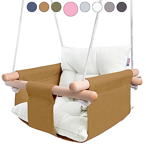 CaTeam Canvas Baby Swing Seat with 5-Point Safety Belt — Wooden Hanging Toddler Swing, Indoor & Outdoor, Ages 1-4, Ceiling Mount Hardware Included