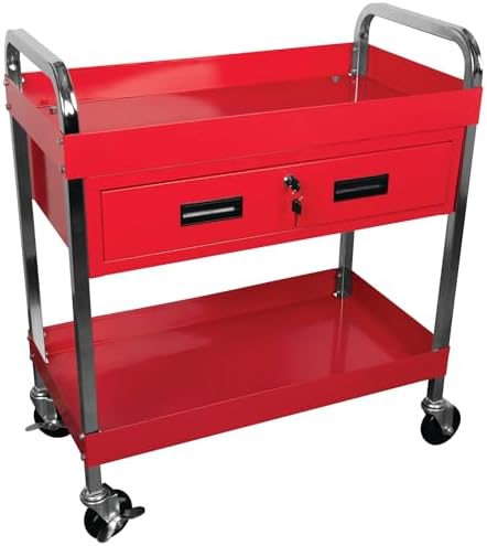 Performance Tool W54004 Two-Shelf Utility Cart with Locking Drawer | Red rolling tiered storage cart with wheels. 350 lb load capacity. Swivel casters. 28x16 inch deep shelves