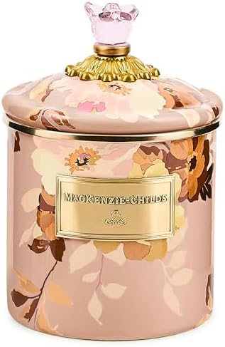 MACKENZIE-CHILDS Enamel Canister, Small, Wild Rose Brown | Hand-applied design, made from enameled steel, versatile kitchen storage container for flour and sugar, 38-ounce capacity