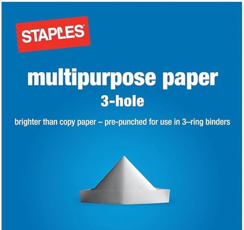 Staples Multipurpose Paper, 8 1/2 x 11, 3-Hole Punched, Ream, for Office, School & Home | Pre-punched white paper ready for standard 3-ring binders. Sold by the ream.