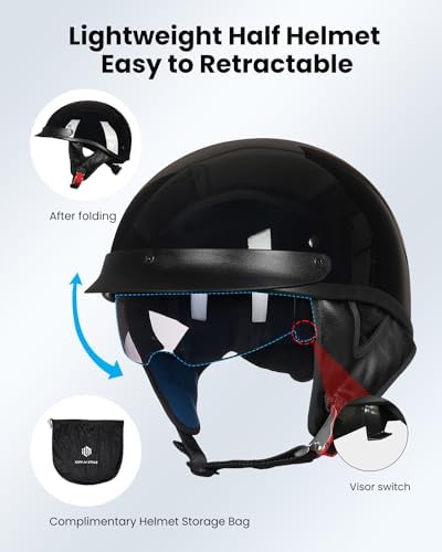 ILM Half Helmet Motorcycle Open Face Sun Visor Quick Release Buckle DOT Approved Cycling Motocross Suits Men Women 205V (M, Matt Black)