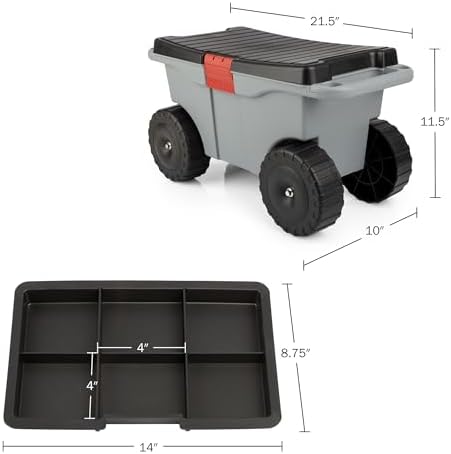 Rolling Garden Cart with Seat - Plastic Storage with Bench and Interior Tool Tray - Gardening Stool for Weeding and Planting By Pure Garden (Green) | Plastic Storage with Bench and Interior Tool Tray - Gardening Stool for Weeding and Planting