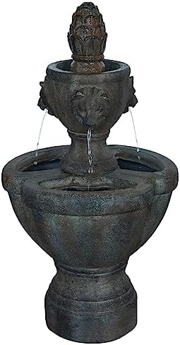Outdoor Fountain – Polyresin 2-Tier Water Feature with Lion Head Details and Realistic Stone Appearance – Yard Art with Soothing Sound by Pure