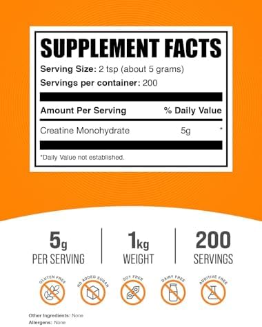 BulkSupplements.com Creatine Monohydrate Powder - Micronized Creatine Powder, Unflavored - Pure & Gluten Free, 5g (5000mg) per Servings