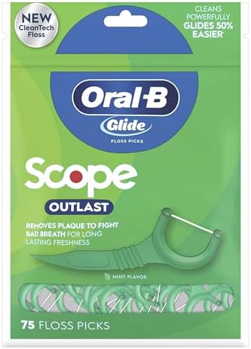 Oral-B Complete Glide Dental Floss Picks Plus Scope Outlast, Long Lasting Mint, 75 Dental Floss Picks, (12-Pack)