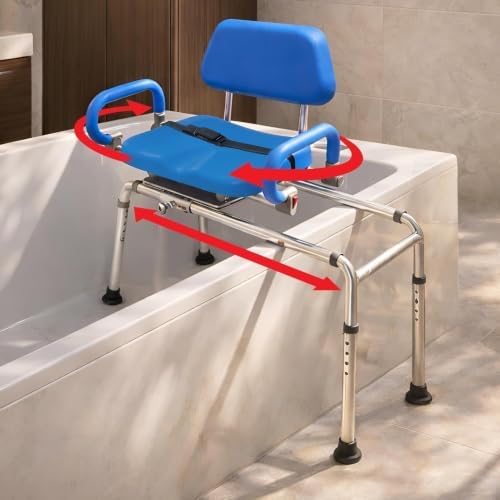 Carousel Sliding Shower Chair Tub Transfer Bench with Swivel Seat Elderly | Slide Safely In & Out of the Tub - Blue, padded seat, padded armrests, swivel seat, backrest, portable, tool-free assembly