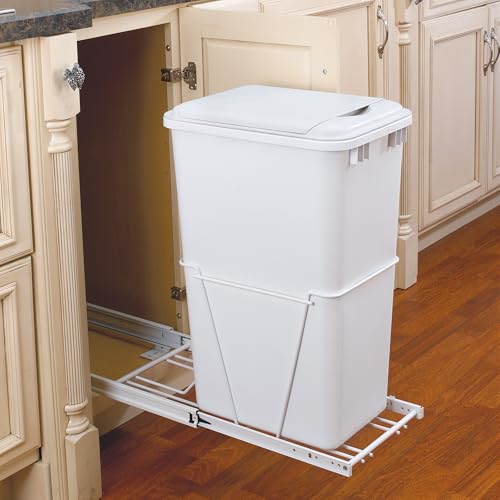 Rev-A-Shelf Single 35 Qt Pullout Trash Can for Base Kitchen Cabinets | Garbage Waste Bin System with 3/4 Extension Slides, Min Opening Width of 11, White, RV-12PB