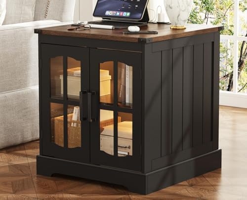 ChooChoo Farmhouse End Table with Charging Station & LED Light | Large Sofa Side Table, Rustic Square Nightstand, Glass Barn Door, Bedside Table, Storage, Living Room, Black