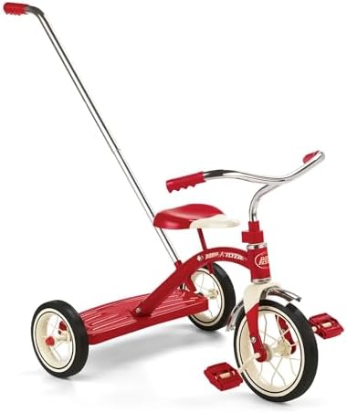Radio Flyer Classic Pink Tricycle, for Ages 2-4, 10" Front Wheel, Bell | Steel Frame, Adjustable Seat, Rubber Tires, Chrome Details, Rear Step, Controlled Turning Radius, Tricycle for Toddlers