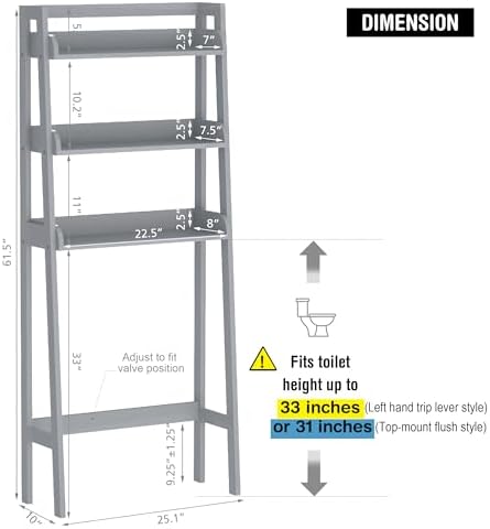 UTEX Over The Toilet Storage Shelf, 3-Tier Bathroom Organizer, White | FSC-Certified MDF, Open Ladder Design, Adjustable Lower Crossbar, Anti-tip Hardware, 33-Inch Clearance, Raised Side Guards