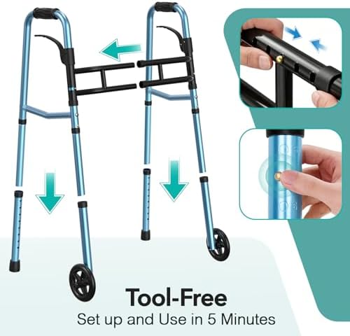 HOMENURSE Folding Walkers for Seniors with Skis, Width & Height Adjustable | Narrow Walker with 5" Wheels for Small Spaces, Aluminum Lightweight Standard Rolling Walker, Supports Up to 300lbs, Silver