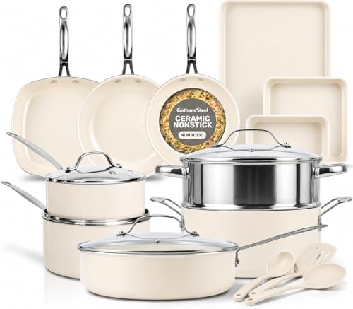 Gotham Steel 20 Pc Pots and Pans Set Nonstick Cookware + Bakeware Set, Complete Ceramic for Kitchen, Non Stick with Lids, Dishwasher / Oven Safe