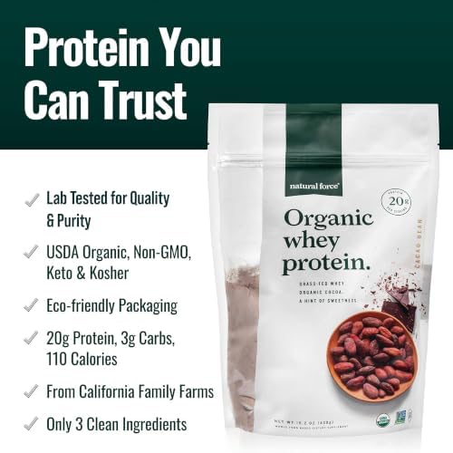 Natural Force Grass Fed Organic Whey Protein Powder – Non GMO Verified, Humane Certified & Lab Tested for Toxins – Real Vanilla Flavor – Keto Friendly, Low Carb, and Kosher - 16 Ounce A2 Protein