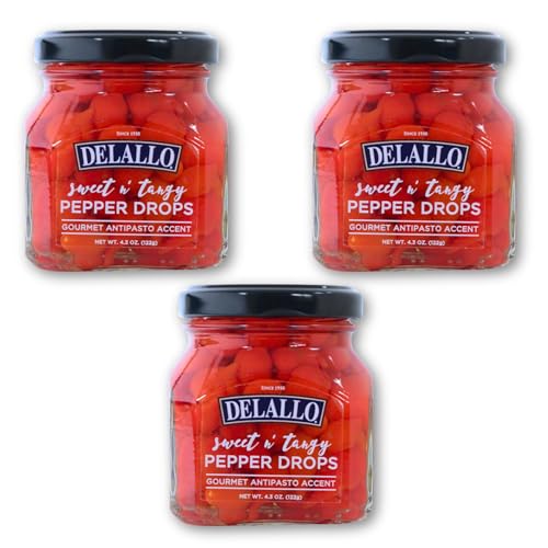 DeLallo Sweet & Tangy Pepper Drops, Red Peruvian Mini Peppers in Zesty Vinegar Marinade, Gourmet Condiment for Charcuterie and Salads, Non-GMO, Vegan