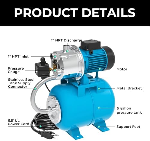 LEO Shallow Well Pump with Pressure Tank 1.5HP, Irrigation Jet Pump 1200 GPH Automatic Booster Sprinkler System,Stainless Steel Water Transfer Camp Pumps for Home, Garden, Lawn