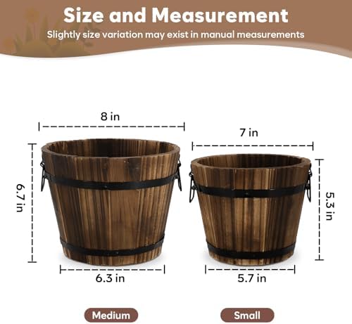 Wooden Barrel Planters, 8 inch 7 inch Plant Pot with Drainage Holes for Indoor Plants Decor, Set of 2